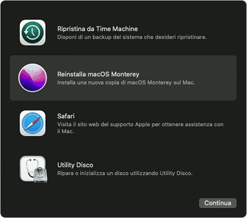 Opzioni di macOS Recovery con l'opzione “Reinstalla macOS Monterey” selezionata