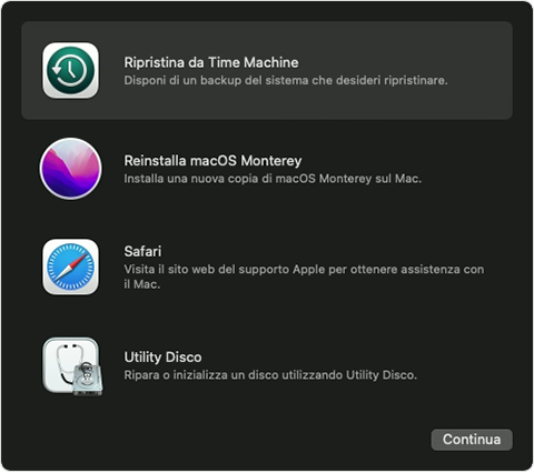 Finestra delle utility di macOS Monterey Recovery