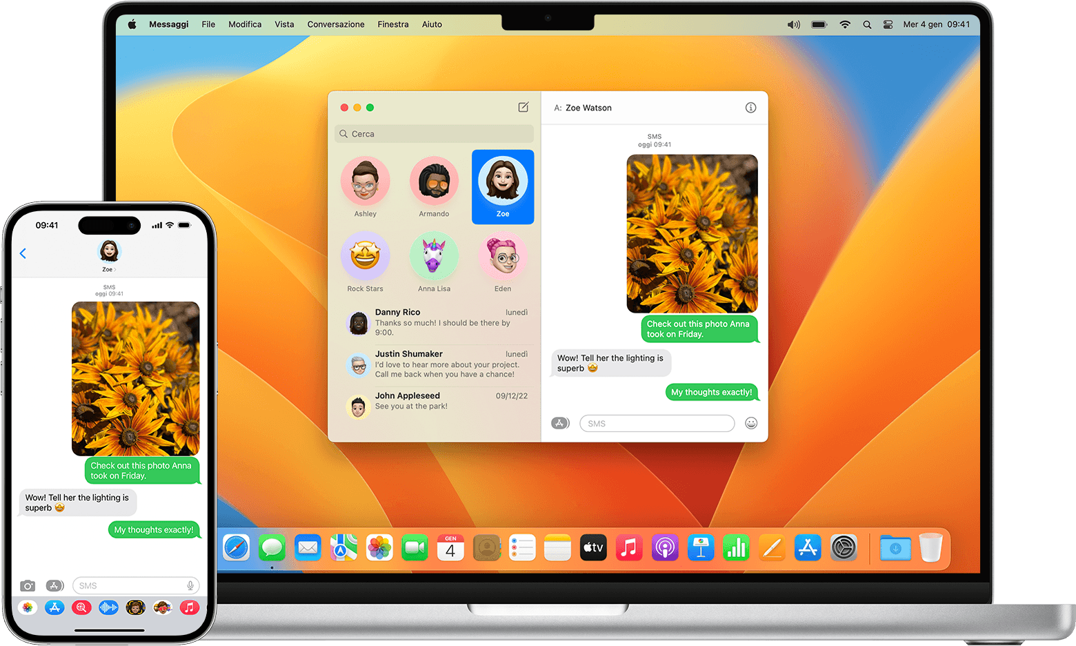 Gli stessi messaggi di testo mostrati su un iPhone e un Mac