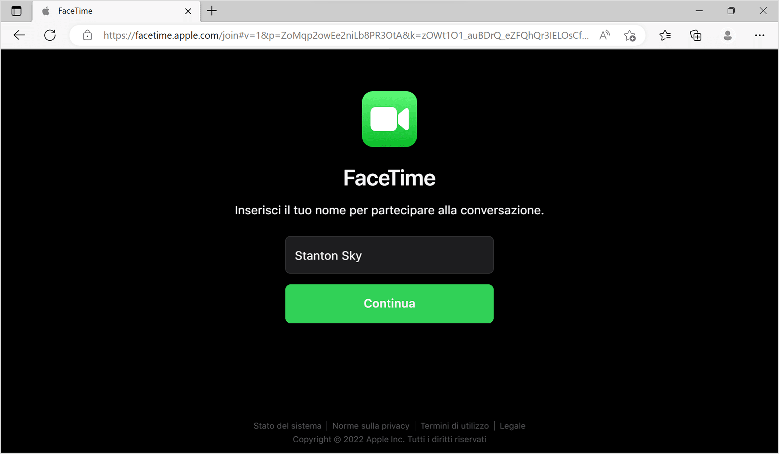 Finestra del browser di FaceTime: Inserisci il tuo nome