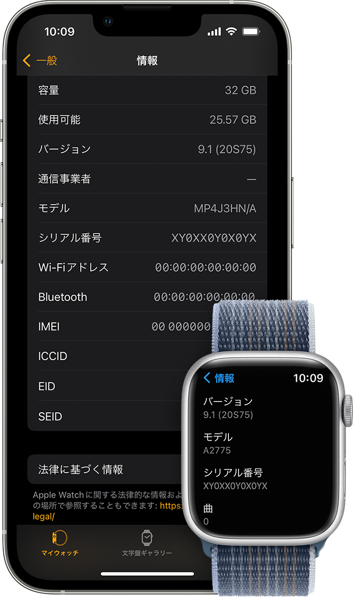 iPhone と Apple Watch の「情報」画面。