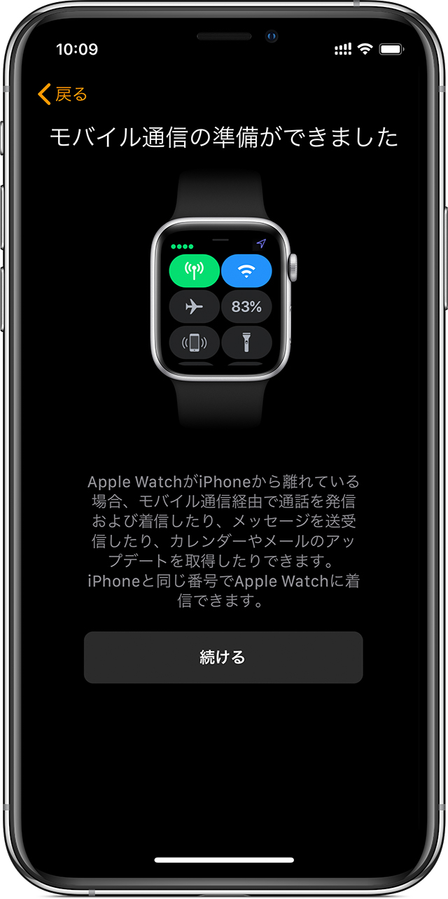 iPhone のモバイル通信の設定画面に、モバイル通信の準備ができて、Apple Watch で使えるようになったというメッセージが表示されているところ。