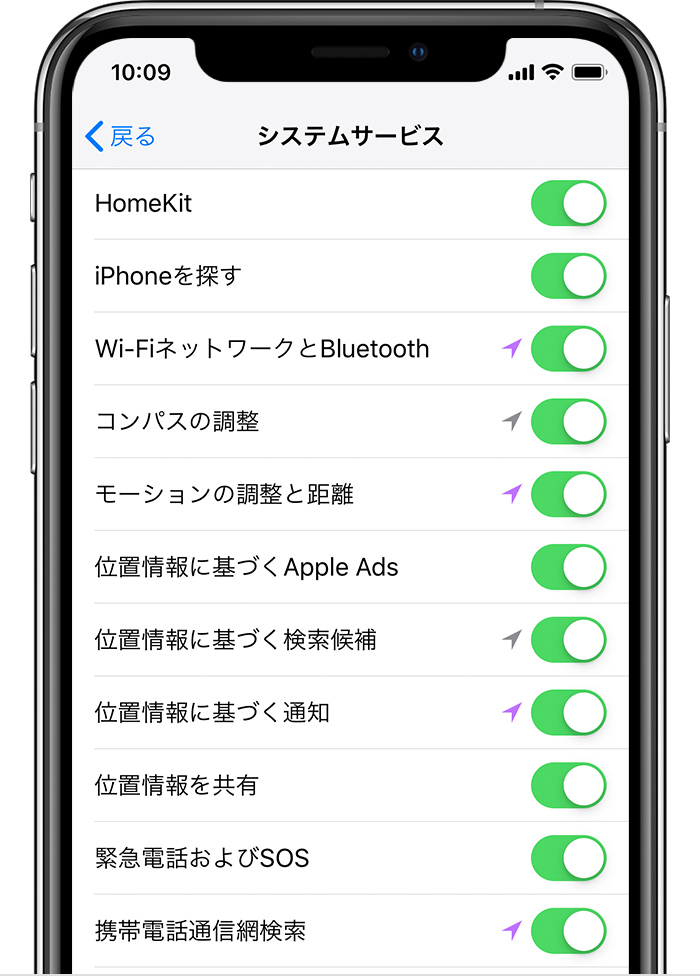 iPhone の「システムサービス」画面
