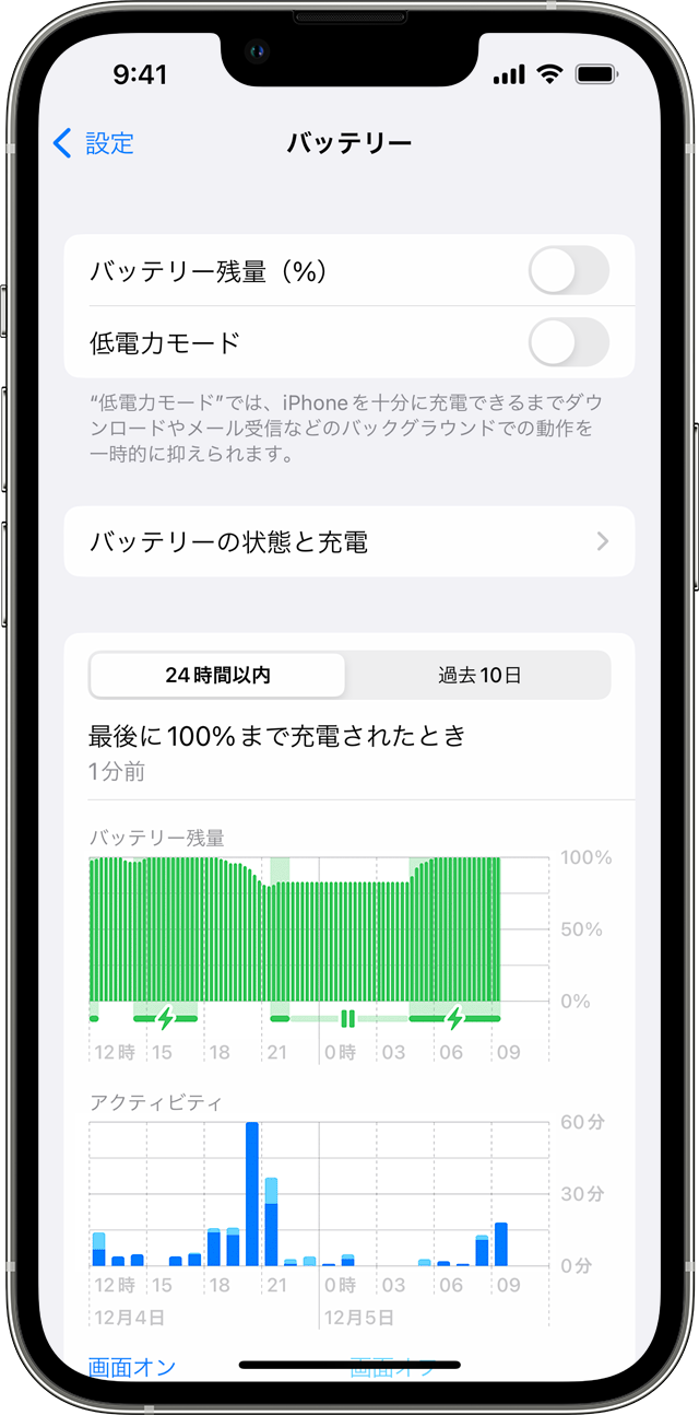 iPhone の「設定」の「バッテリー」画面