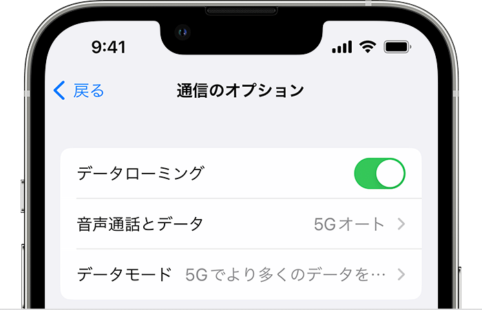 iPhone の画面の上部にモバイルデータ通信の設定が表示されているところ