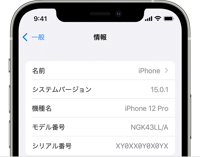 iPhone の「情報」画面で、デバイス名の下にソフトウェアのバージョンが表示されているところ。