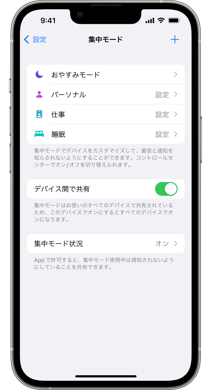 iPhone の「集中モード」画面