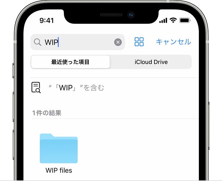 ファイルが入っているフォルダの名前「WIP」を iPhone で検索した結果。