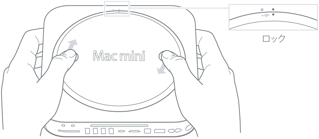 Mac mini の底面：底面カバーがロック位置になっている