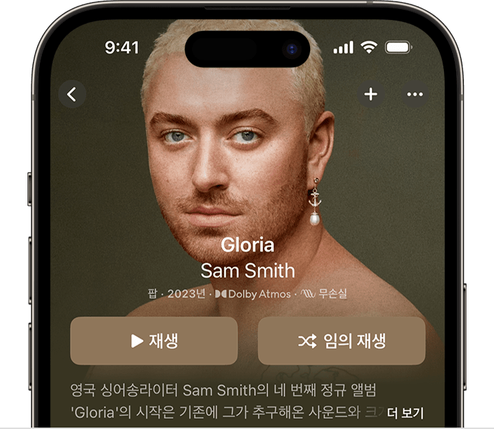 Apple Music 앱의 앨범 상단에 임의 재생 버튼이 표시된 iPhone