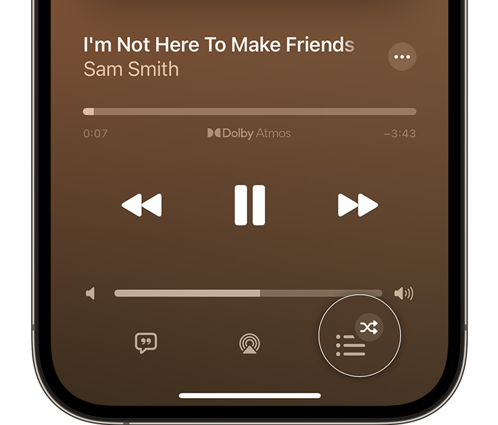 Apple Music 앱에 재생 대기 버튼이 표시된 iPhone