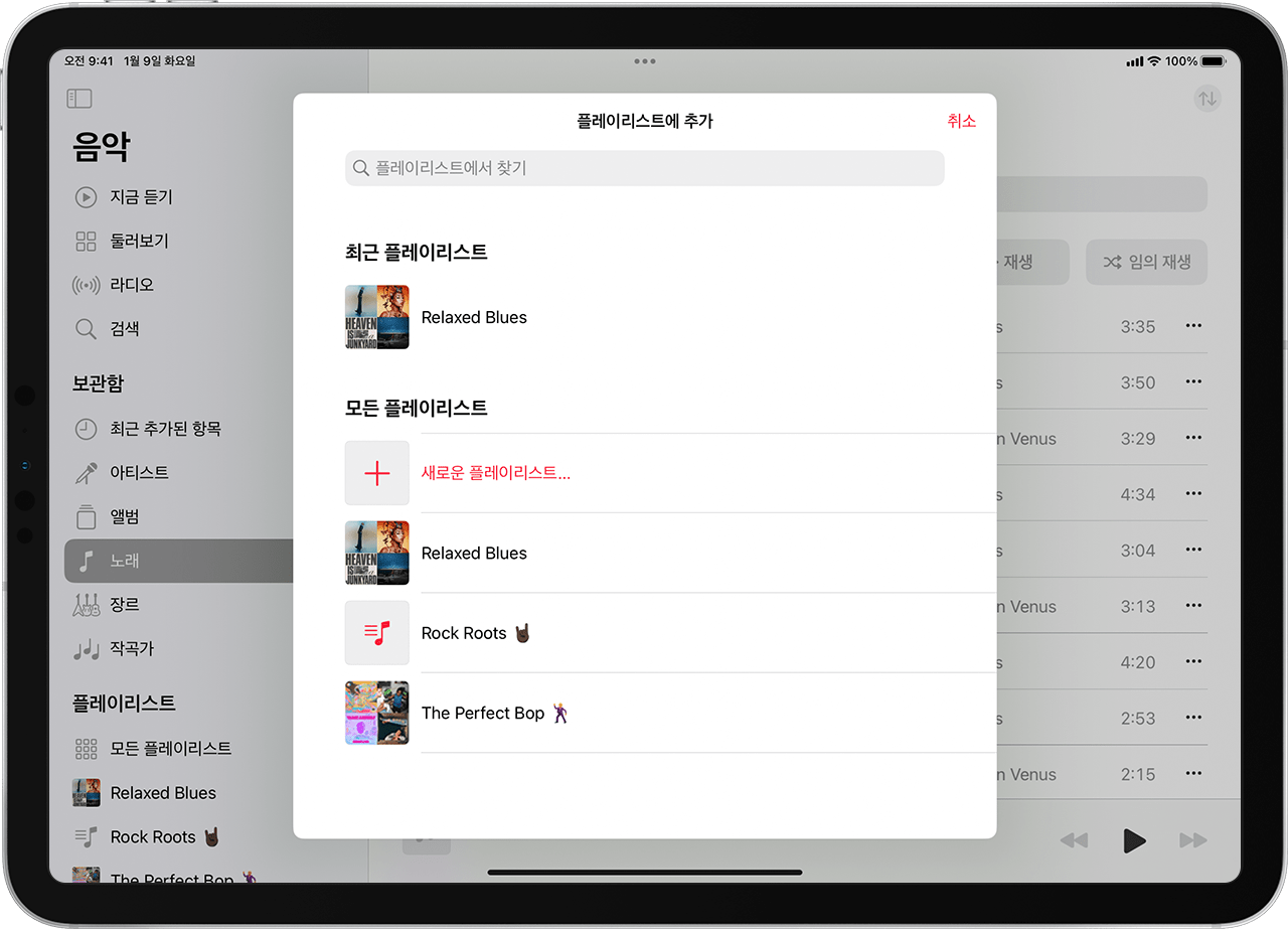 노래 플레이스트가 표시된 iPad 화면.