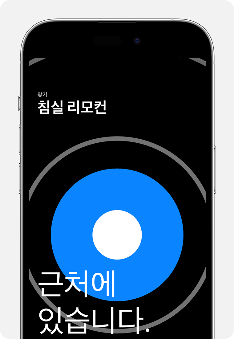 iPhone 화면에 큰 파란색 원과 함께 '근처에 있습니다'라는 단어가 나타남