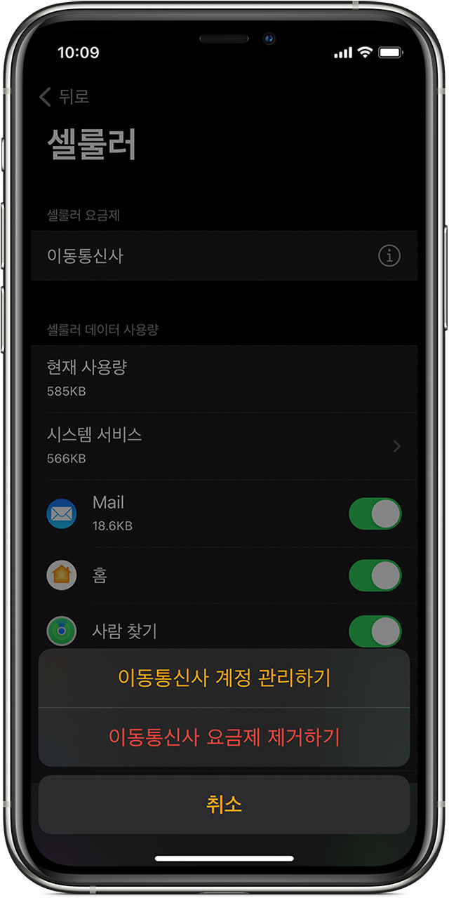 Watch 앱의 셀룰러 화면이 표시된 iPhone