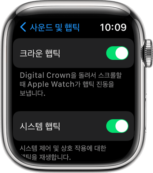 설정의 사운드 및 햅틱 화면에 크라운 햅틱과 시스템 햅틱 설정이 표시된 Apple Watch