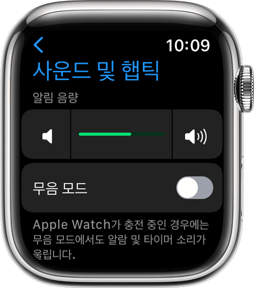 설정에 사운드 및 햅틱 화면이 표시된 Apple Watch