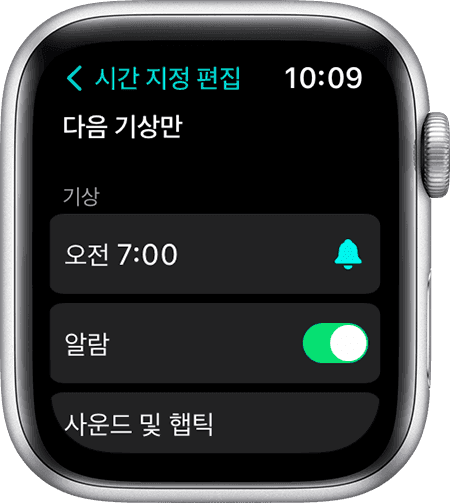 다음 기상만을 편집하는 옵션이 표시된 Apple Watch 화면