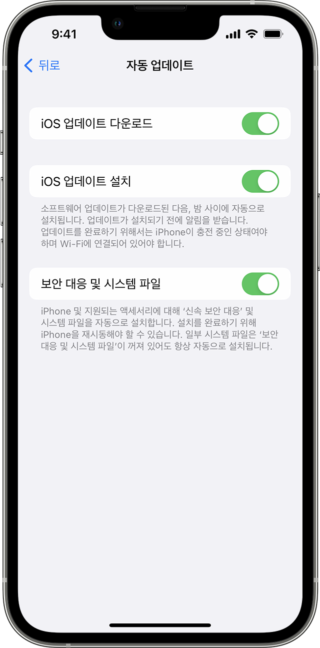 기기를 자동으로 업데이트하는 옵션이 표시된 iPhone의 설정 앱