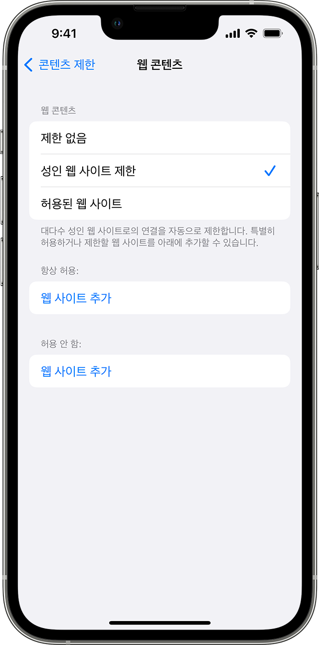 웹 콘텐츠 화면이 표시된 iPhone. 웹 콘텐츠 아래에 '성인 웹 사이트 제한' 옵션이 선택되어 있고 옆에 체크 표시가 있습니다.