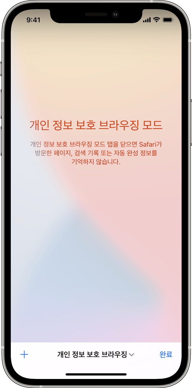 개인정보 보호를 탭하여 개인정보 보호 브라우징을 켰을 때 표시되는 iPhone의 개인정보 보호 브라우징 모드 화면.