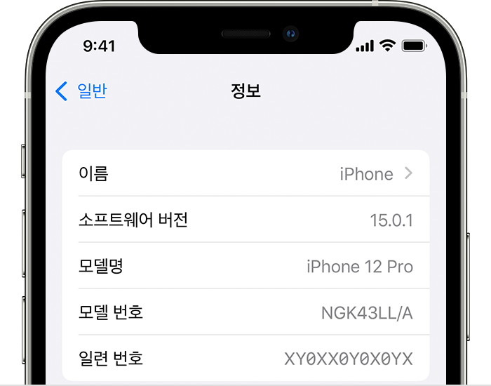 정보 화면에 기기 이름 아래의 소프트웨어 버전이 표시된 iPhone.