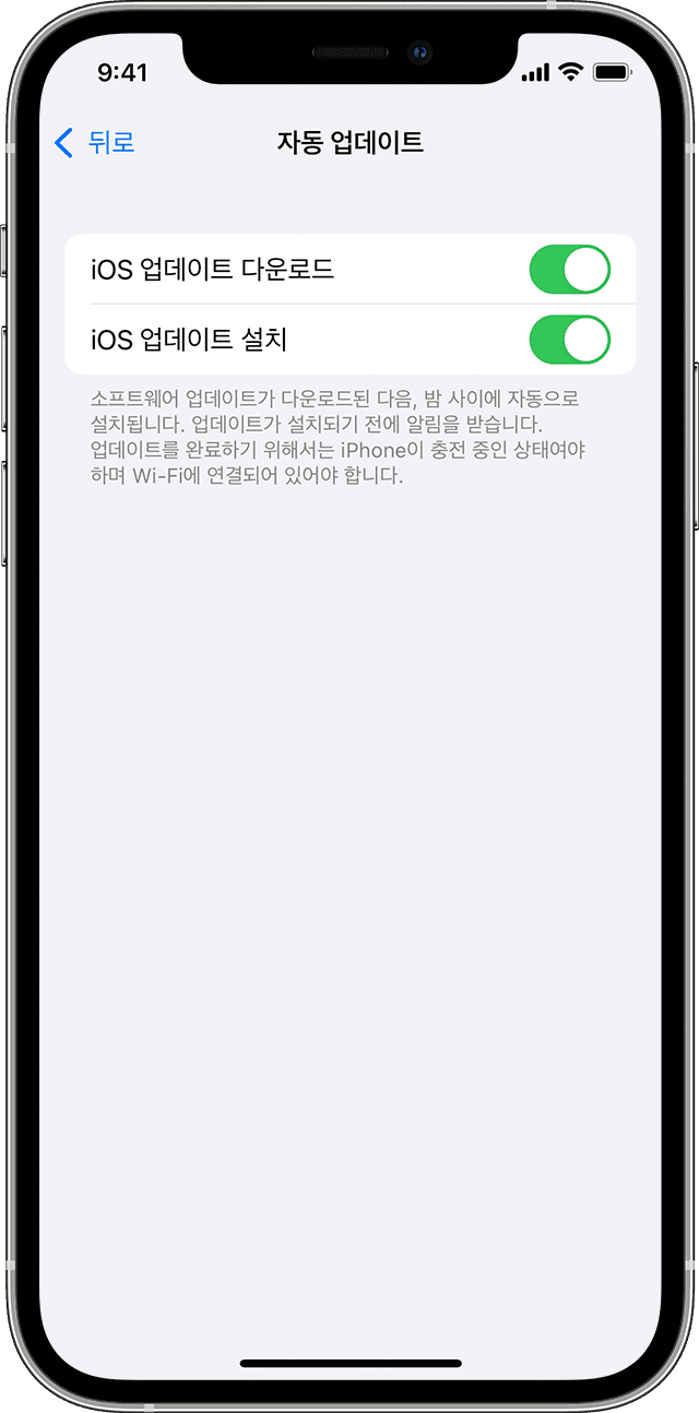 iOS 업데이트를 자동으로 다운로드하고 설치하는 옵션이 표시된 iPhone 설정의 자동 업데이트 페이지