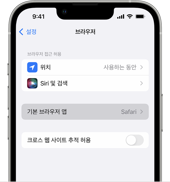 기본 브라우저 앱이 표시된 iPhone