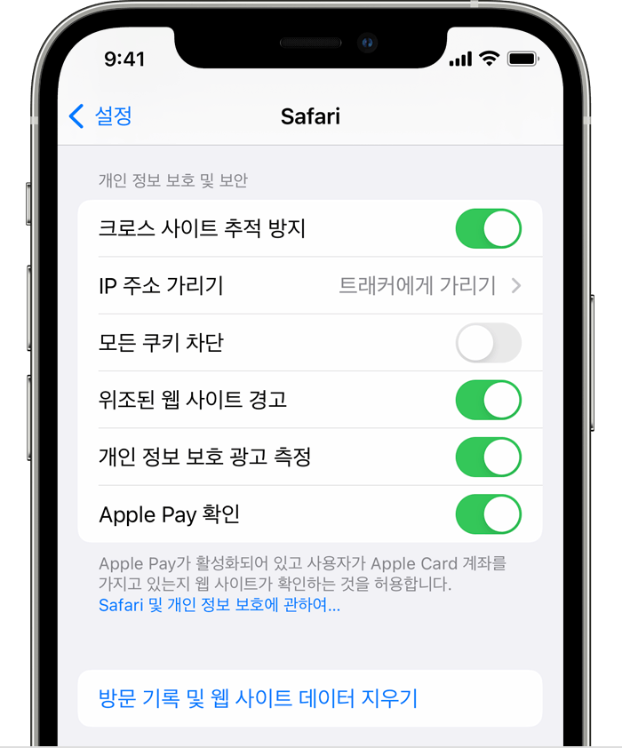방문 기록 및 웹 사이트 데이터 지우기가 표시된 iPhone Safari 설정.