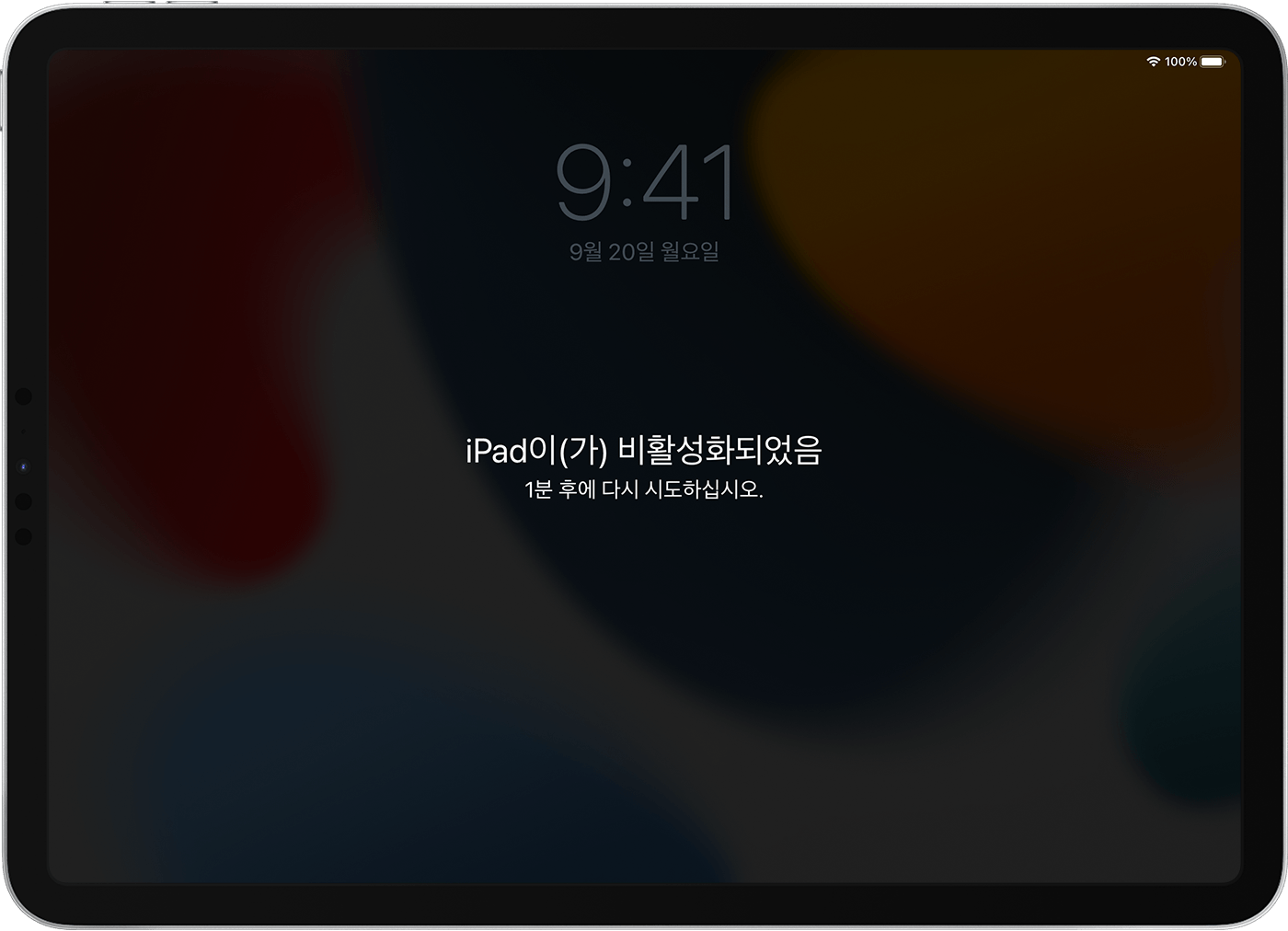 iPad이(가) 비활성화되었음 메시지가 표시된 iPad 화면.