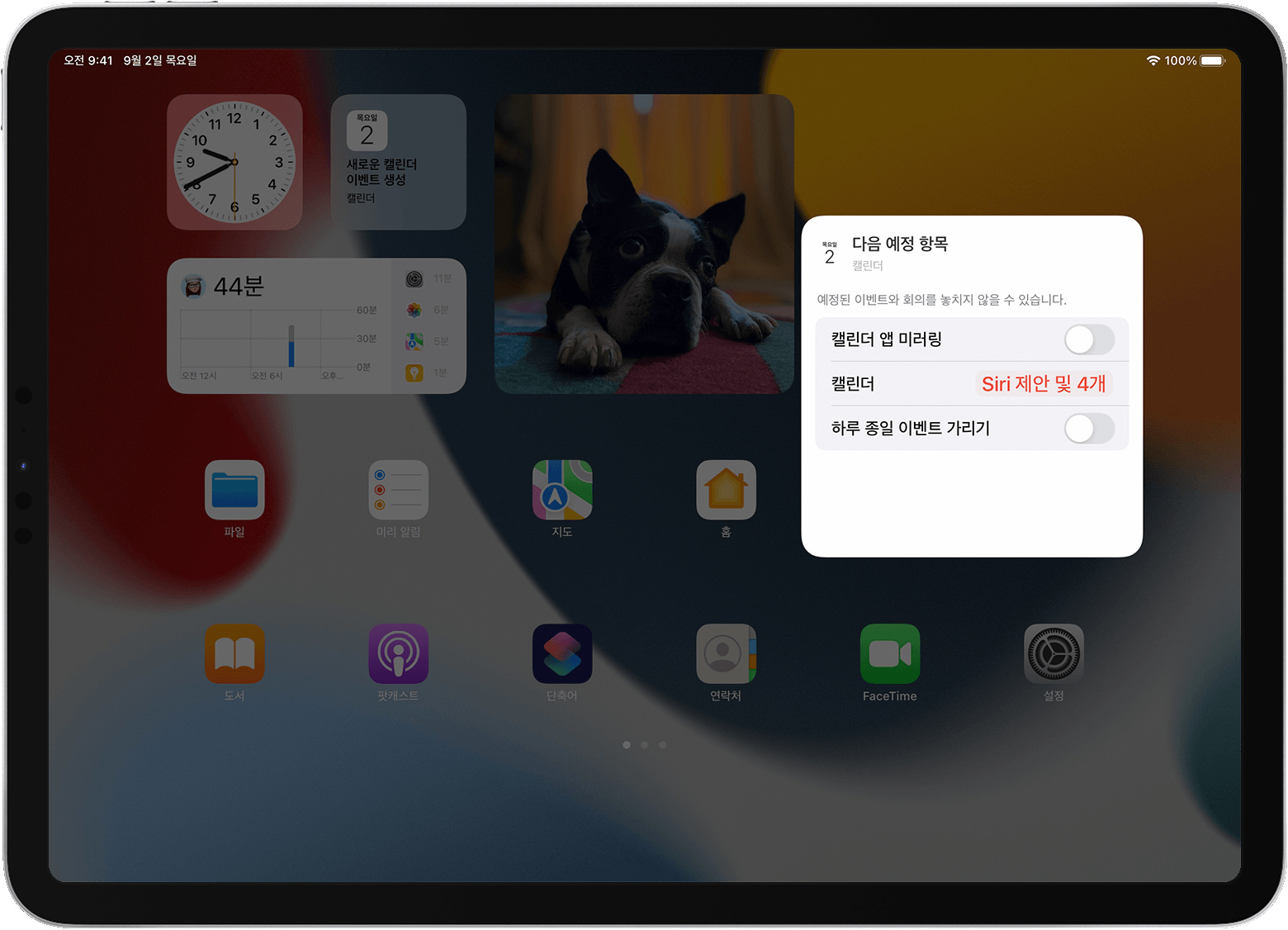 미리 알림 위젯 옵션이 표시된 iPad 화면