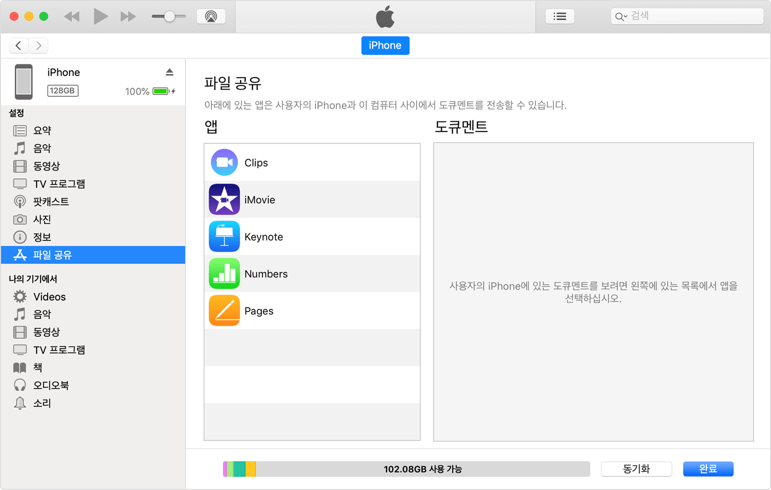 iPhone이 연결되어 있고 목록에서 파일 공유가 선택되어 있는 iTunes 윈도우.