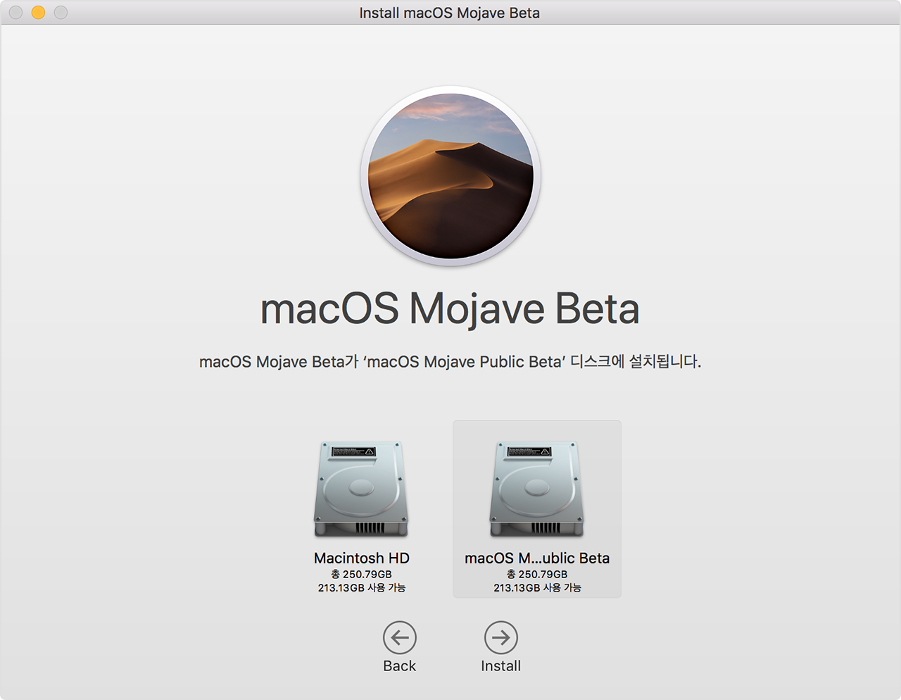 두 번째 볼륨이 선택되어 있는 macOS 설치 프로그램 화면