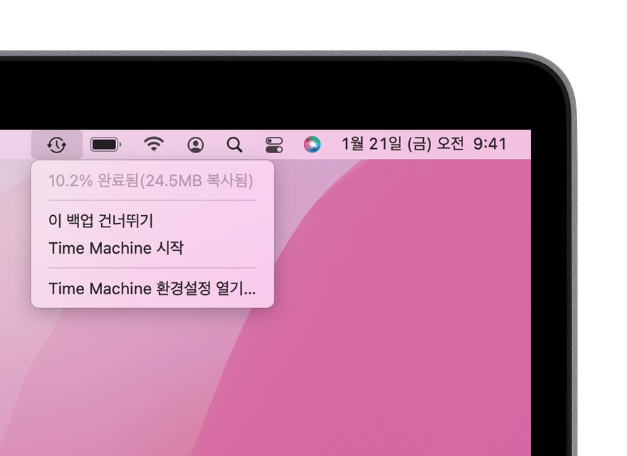 진행 중인 백업이 표시된 Time Machine 메뉴