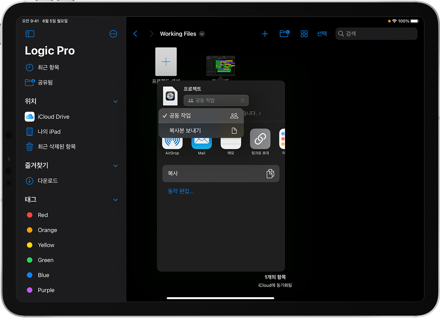 공유 윈도우의 팝업 메뉴에서 선택한 ‘공동 작업’이 표시된 iPad용 Logic Pro 기본 폴더