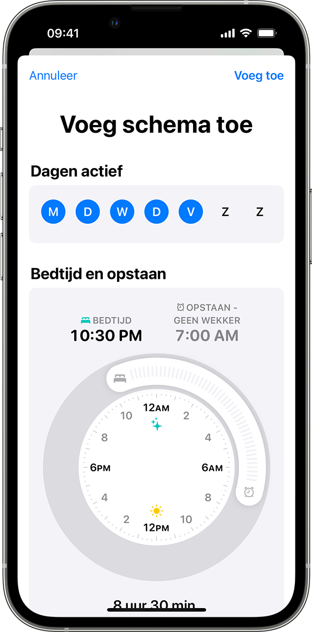 Een iPhone-scherm met de opties om een volledig slaapschema te wijzigen
