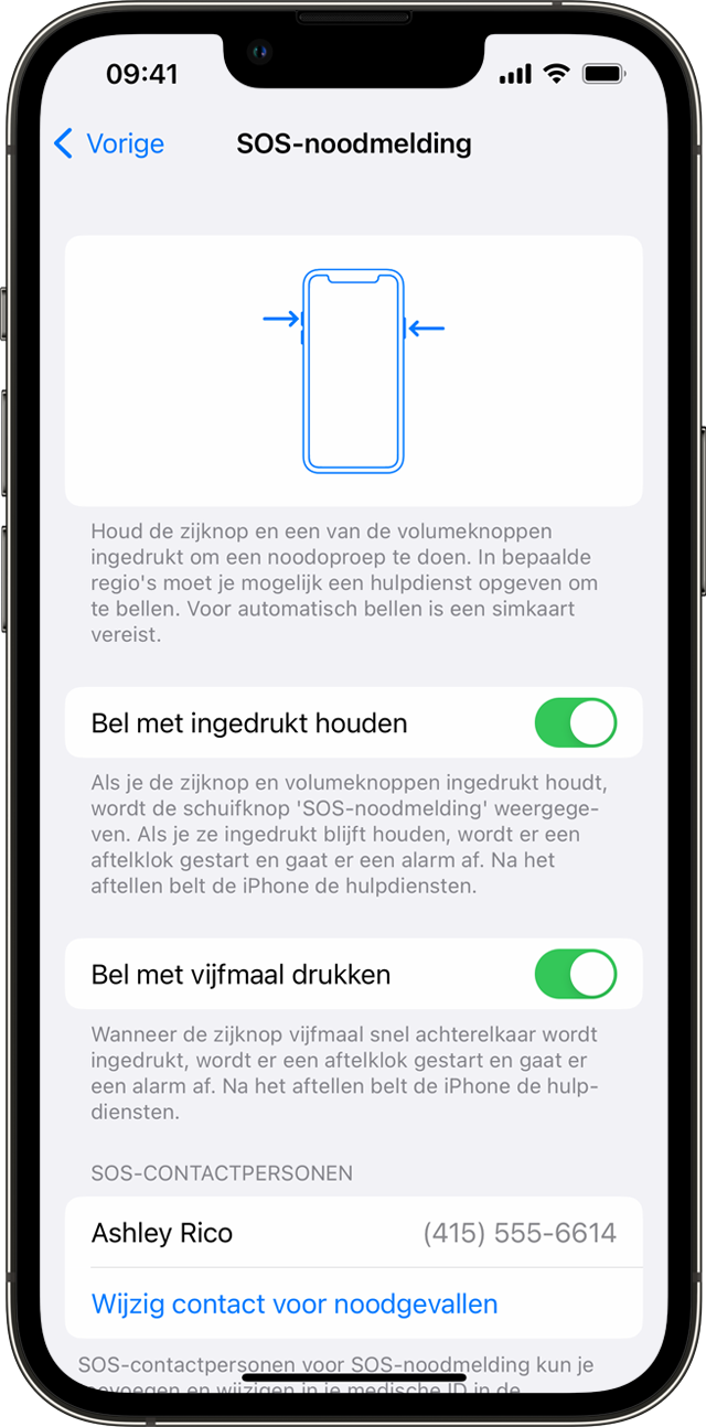 Een iPhone met het scherm 'SOS-noodmelding', waar u kunt toestaan dat uw telefoon automatisch de hulpdiensten kan bellen.