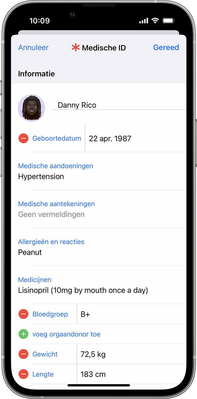 Een iPhone-scherm met medische ID-informatie