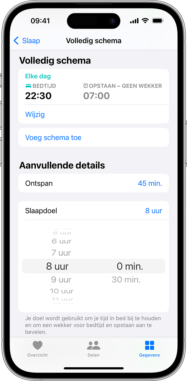 Een iPhone-scherm met de opties om een slaapdoel aan te passen