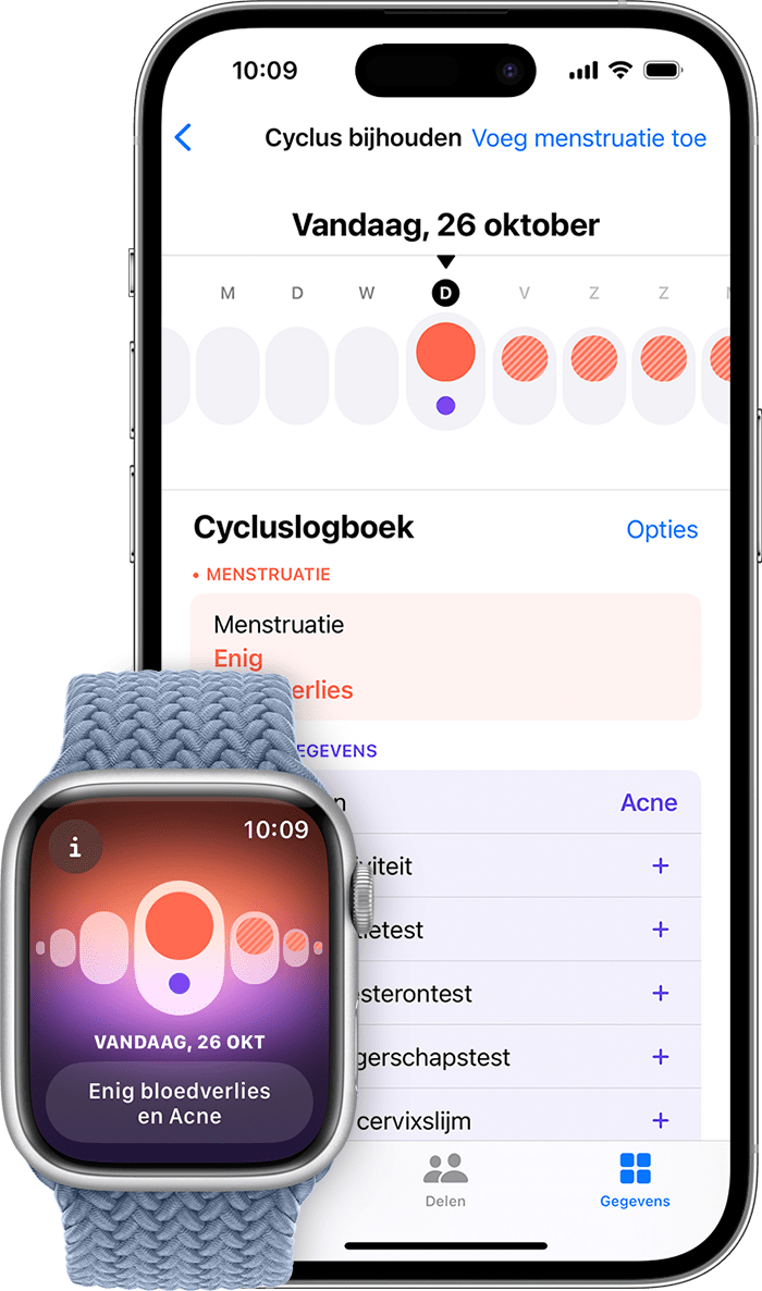De Cyclus bijhouden-app op je Apple Watch en de Gezondheid-app op je iPhone