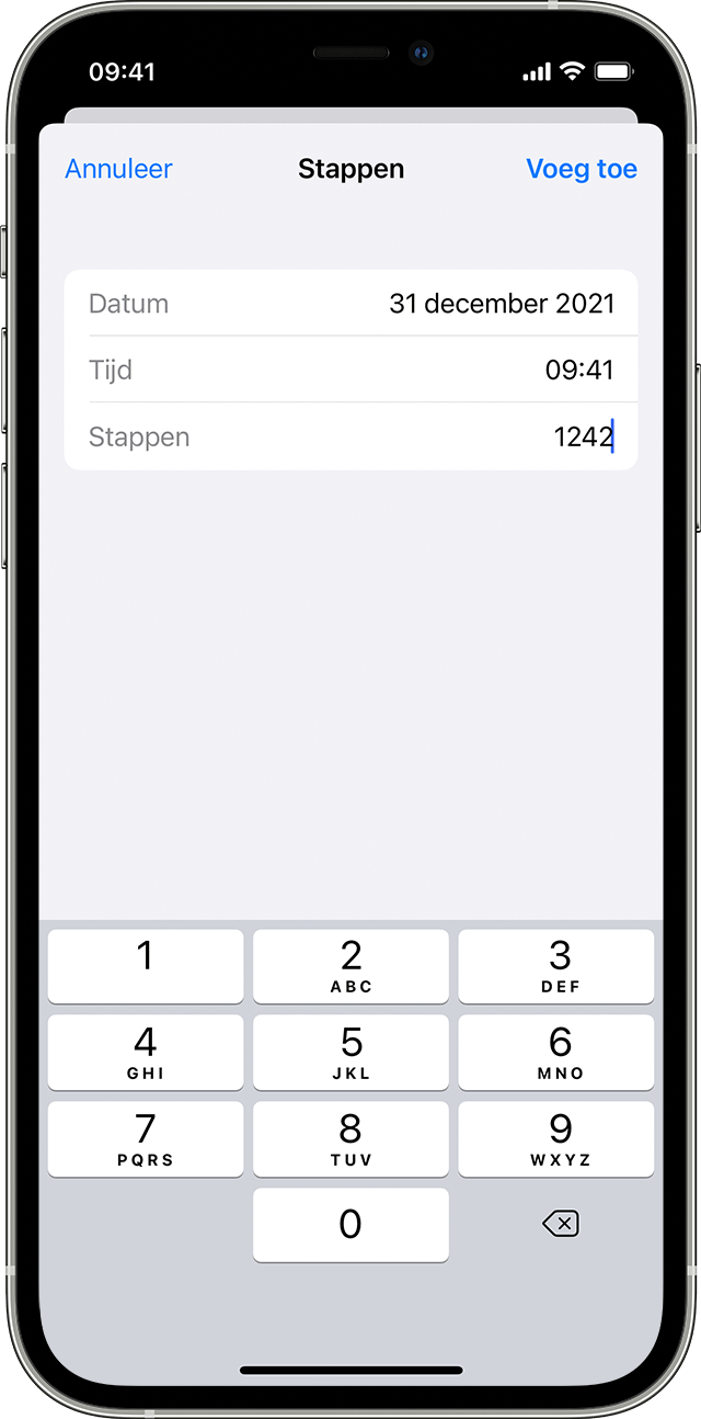 De datum, tijd en het aantal stappen die zijn ingevoerd bij 'Activiteit' op een iPhone.