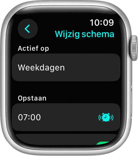 Een Apple Watch-scherm met opties om een volledig slaapschema te wijzigen