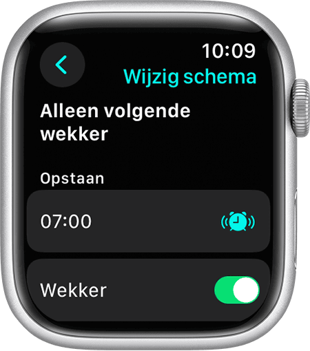 Een Apple Watch-scherm met de opties om 'Alleen volgende wekker' te wijzigen