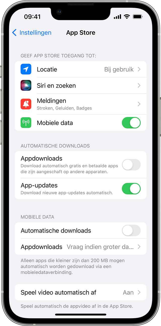 iPhone met App Store-opties in 'Instellingen', inclusief app-updates.