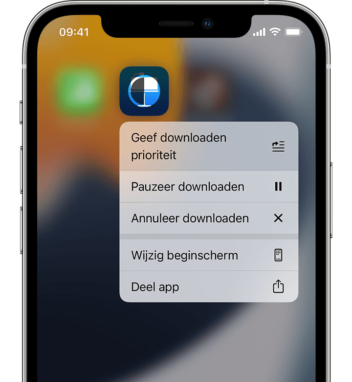 iPhone met de opties om een download prioriteit te geven, te onderbreken of te annuleren.