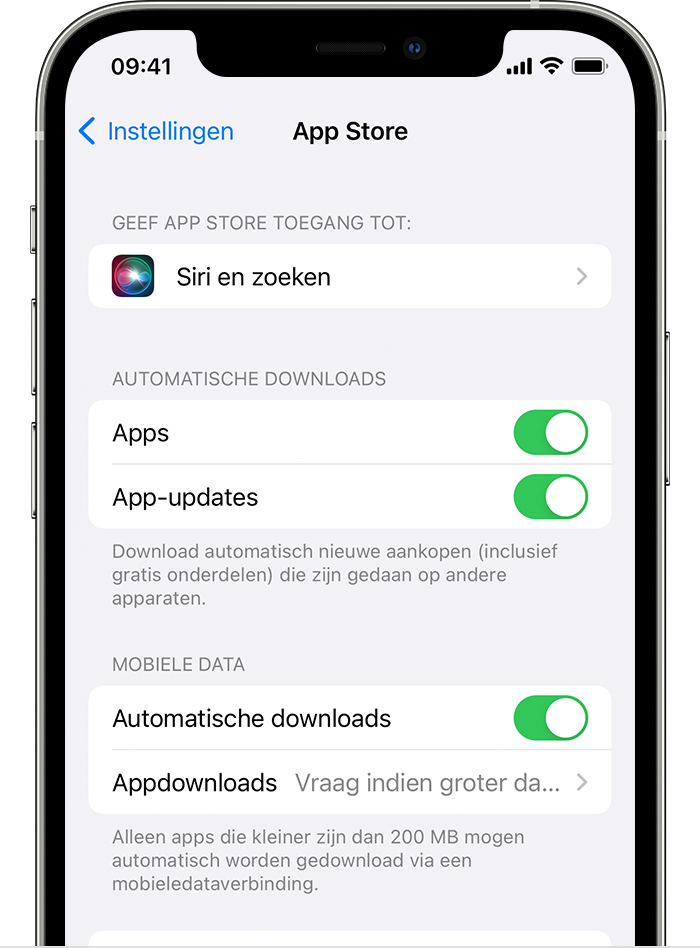 iPhone met de opties voor het in- of uitschakelen van automatische updates in Instellingen.