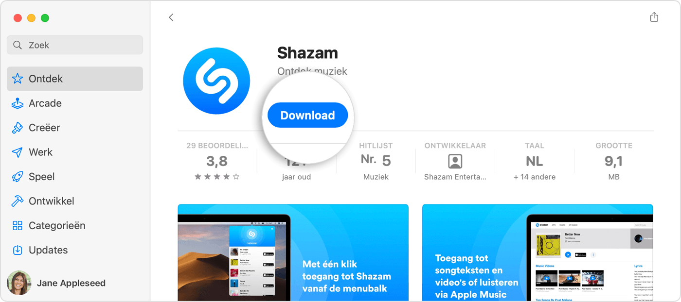 App Store op een Mac met de blauwe knop 'Download' op de productpagina voor de Shazam-app.