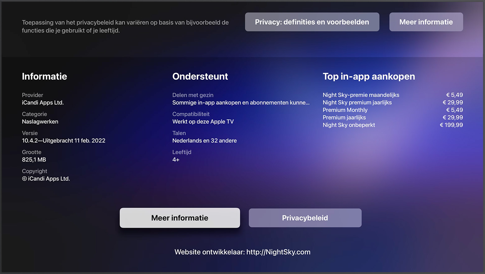 In de App Store op een Apple TV staat de website van de ontwikkelaar onderaan de pagina van de app.