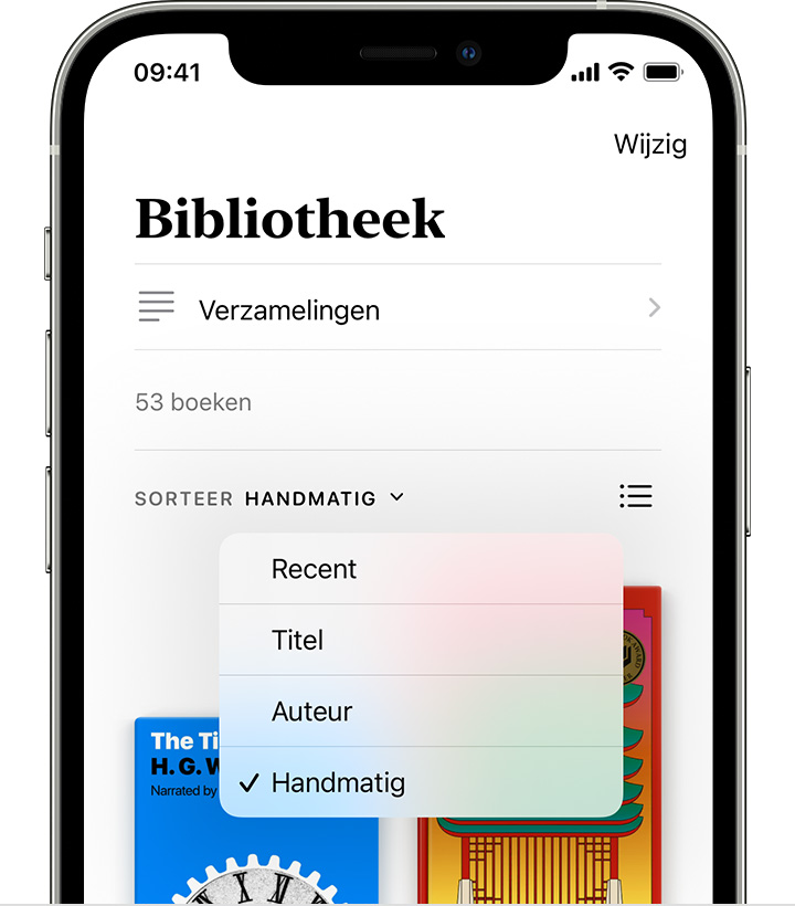 iPhone met de bibliotheek met verschillende sorteeropties, waaronder 'Recent', 'Titel', 'Auteur' en 'Handmatig'.