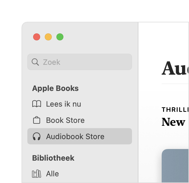 Het tabblad 'Audiobook Store' in de navigatiekolom op een Mac