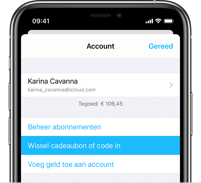 iPhone met de optie 'Wissel cadeaubon of code in' in het menu.